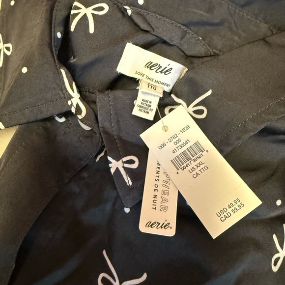 Aerie SET off Duty Satin Bow Pajama Set Shirt +  Pant Black Size NWT - Picture 10 of 12